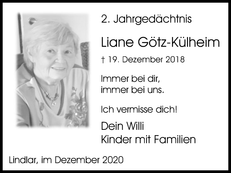  Traueranzeige für Liane Götz-Külheim vom 19.12.2020 aus Kölner Stadt-Anzeiger / Kölnische Rundschau / Express