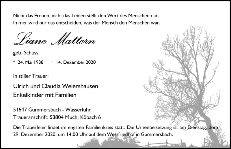  Traueranzeige für Liane Mattern vom 18.12.2020 aus  Anzeigen Echo 