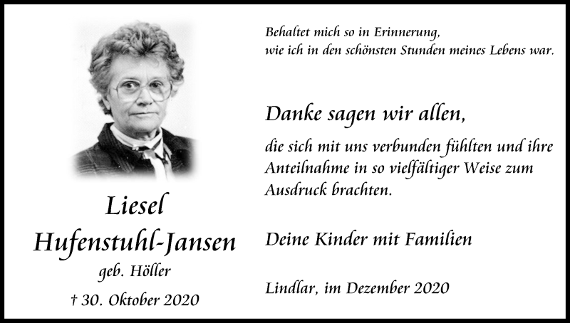  Traueranzeige für Liesel Hufenstuhl-Jansen vom 19.12.2020 aus Kölner Stadt-Anzeiger / Kölnische Rundschau / Express