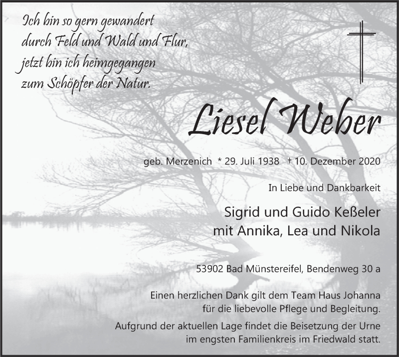  Traueranzeige für Liesel Weber vom 26.12.2020 aus  Blickpunkt Euskirchen 