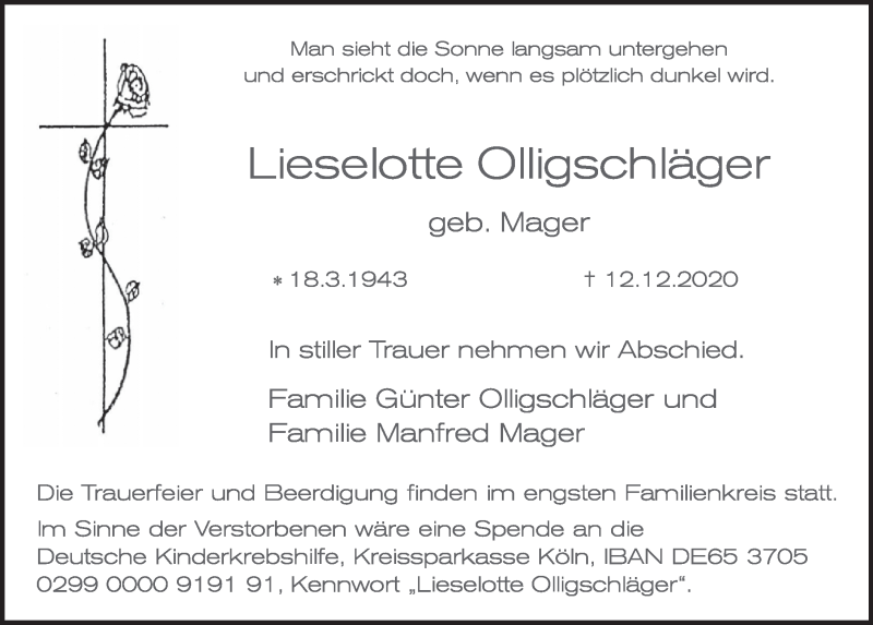  Traueranzeige für Lieselotte Olligschläger vom 18.12.2020 aus  Schlossbote/Werbekurier 