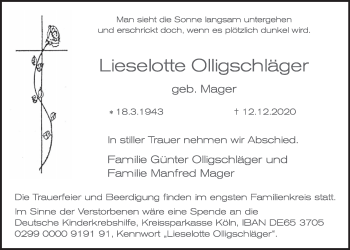 Anzeige von Lieselotte Olligschläger von  Schlossbote/Werbekurier 