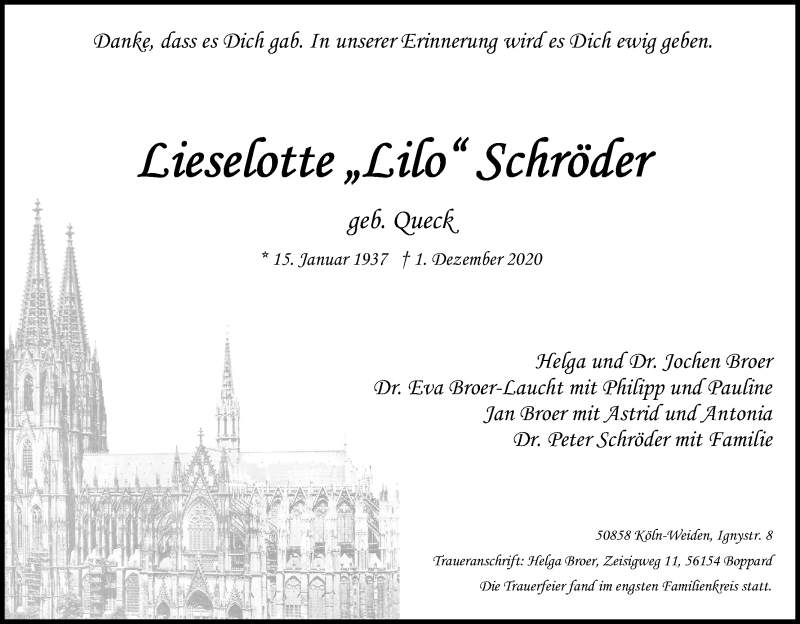  Traueranzeige für Lieselotte Schröder vom 12.12.2020 aus Kölner Stadt-Anzeiger / Kölnische Rundschau / Express