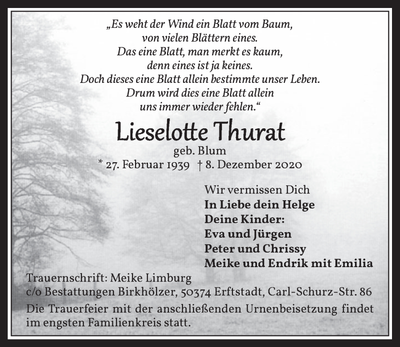  Traueranzeige für Lieselotte Thurat vom 18.12.2020 aus  Werbepost 