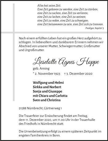 Anzeige von Lieselotte Agnes Hoppe von  Lokalanzeiger 
