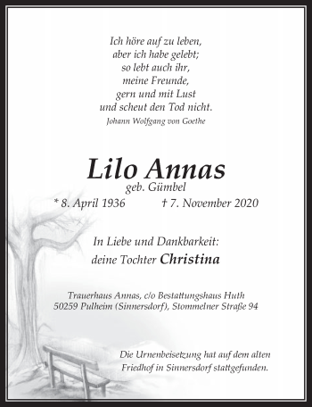 Anzeige von Lilo Annas von  Wochenende 