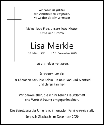 Anzeige von Lisa Merkle von  Bergisches Handelsblatt 