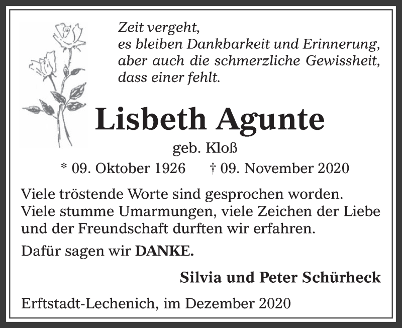  Traueranzeige für Lisbeth Agunte vom 04.12.2020 aus  Werbepost 