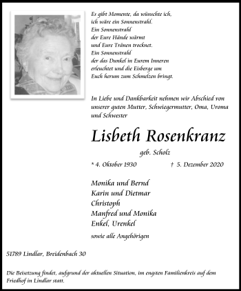 Anzeige von Lisbeth Rosenkranz von Kölner Stadt-Anzeiger / Kölnische Rundschau / Express
