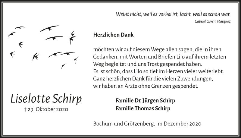  Traueranzeige für Liselotte Schirp vom 18.12.2020 aus  Anzeigen Echo  Lokalanzeiger 