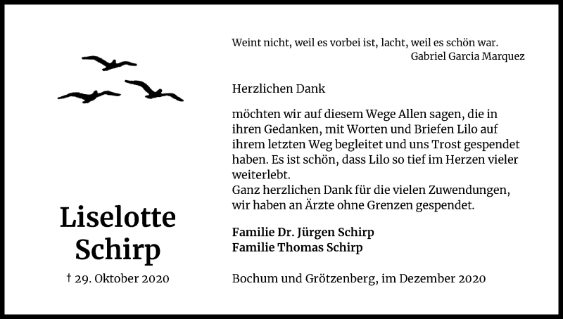  Traueranzeige für Liselotte Schirp vom 19.12.2020 aus Kölner Stadt-Anzeiger / Kölnische Rundschau / Express