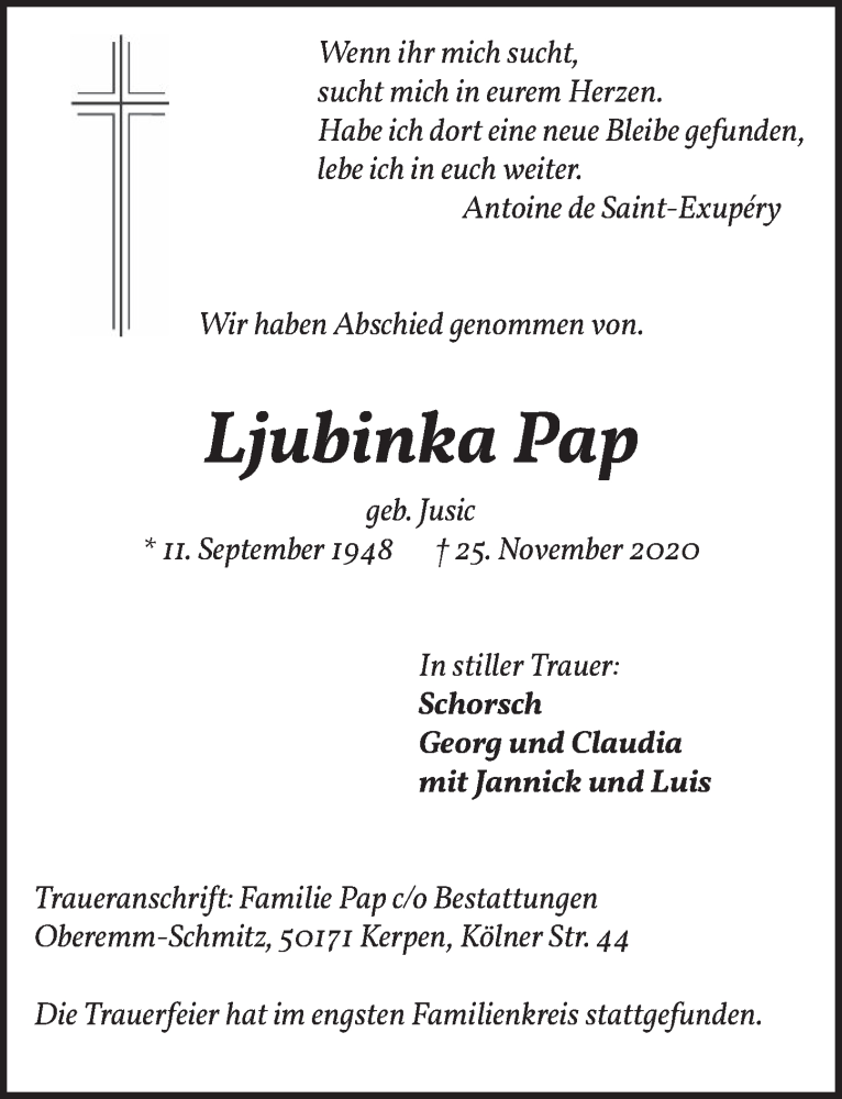  Traueranzeige für Ljubinka Pap vom 04.12.2020 aus  Werbepost 