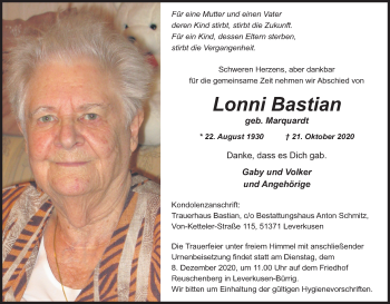Anzeige von Lonni Bastian von Kölner Stadt-Anzeiger / Kölnische Rundschau / Express