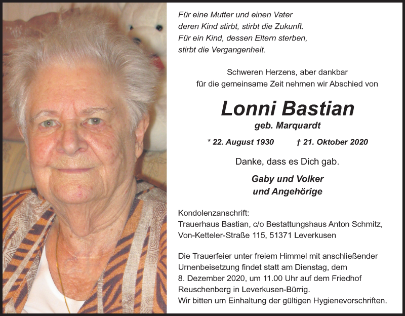  Traueranzeige für Lonni Bastian vom 05.12.2020 aus Kölner Stadt-Anzeiger / Kölnische Rundschau / Express