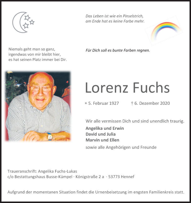  Traueranzeige für Lorenz Fuchs vom 12.12.2020 aus Kölner Stadt-Anzeiger / Kölnische Rundschau / Express