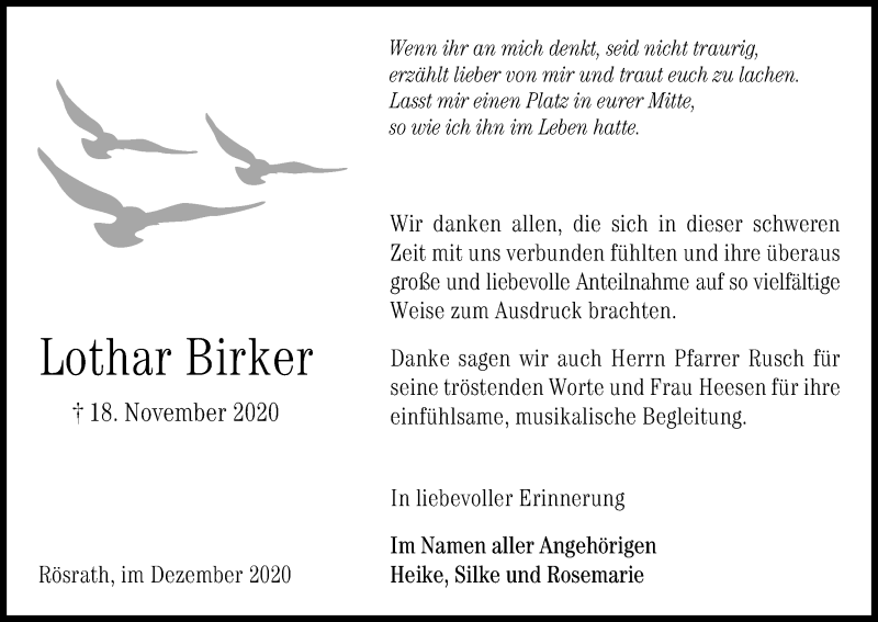  Traueranzeige für Lothar Birker vom 19.12.2020 aus Kölner Stadt-Anzeiger / Kölnische Rundschau / Express