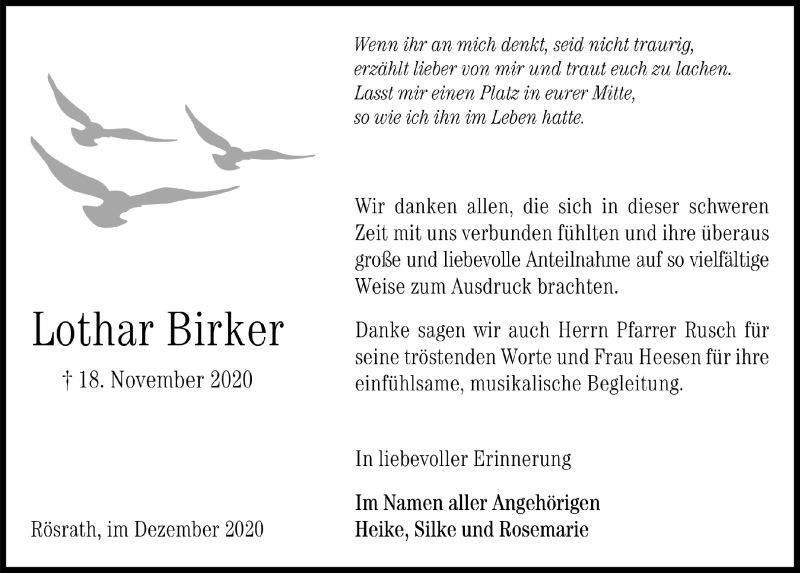  Traueranzeige für Lothar Birker vom 18.12.2020 aus  Bergisches Handelsblatt 