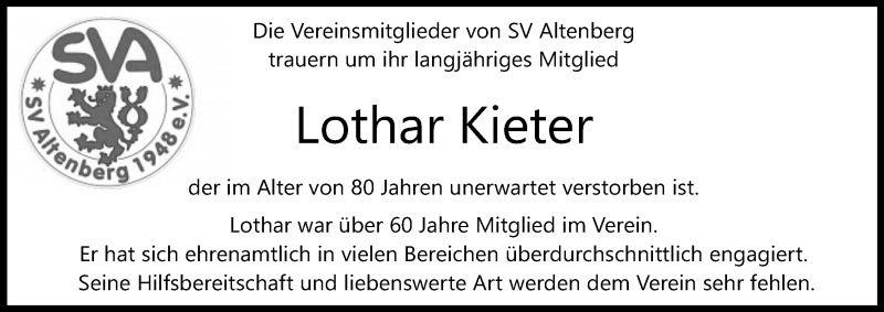  Traueranzeige für Lothar Kieter vom 19.12.2020 aus Kölner Stadt-Anzeiger / Kölnische Rundschau / Express