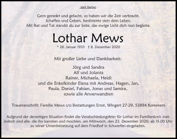 Anzeige von Lothar Mews von  Blickpunkt Euskirchen 