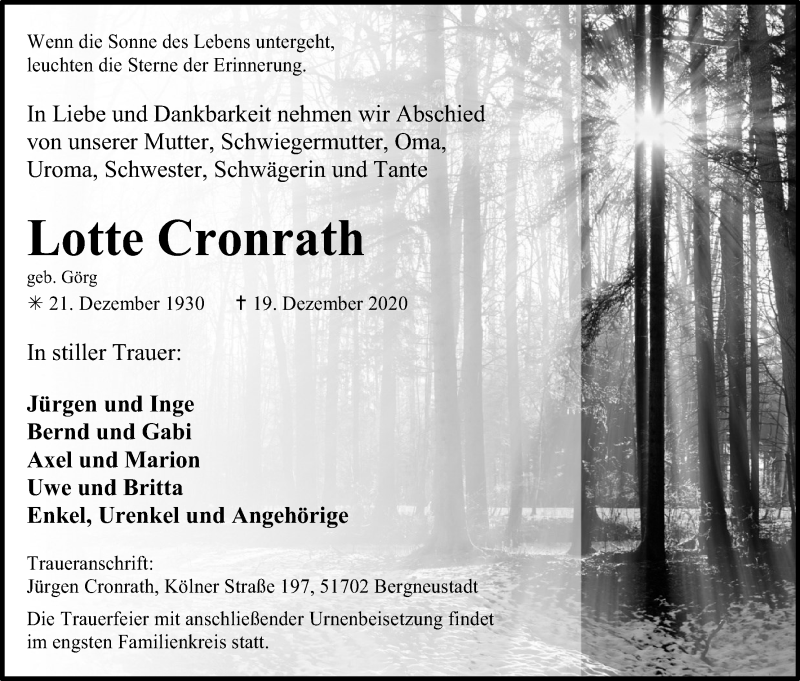  Traueranzeige für Lotte Cronrath vom 28.12.2020 aus Kölner Stadt-Anzeiger / Kölnische Rundschau / Express
