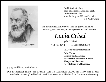 Anzeige von Lucia Crisci von Kölner Stadt-Anzeiger / Kölnische Rundschau / Express