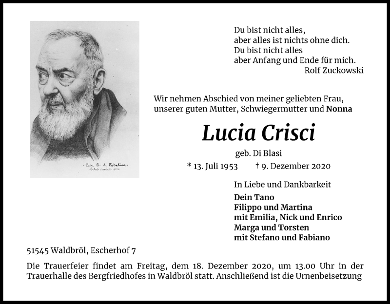 Traueranzeige für Lucia Crisci vom 12.12.2020 aus Kölner Stadt-Anzeiger / Kölnische Rundschau / Express