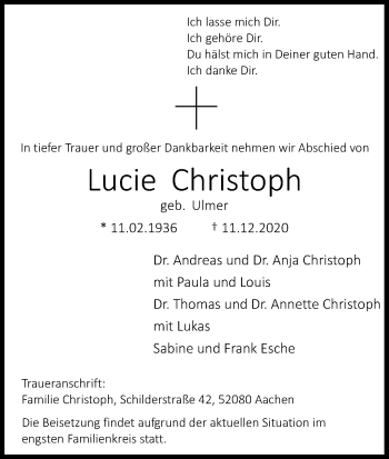 Anzeige von Lucie Christoph von Kölner Stadt-Anzeiger / Kölnische Rundschau / Express