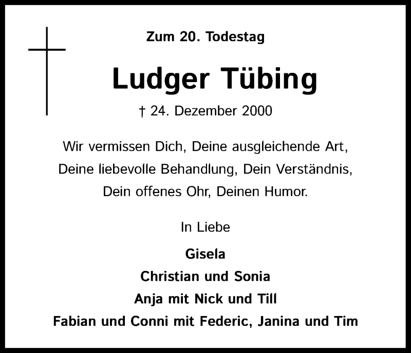  Traueranzeige für Ludger Tübing vom 31.12.2020 aus Kölner Stadt-Anzeiger / Kölnische Rundschau / Express
