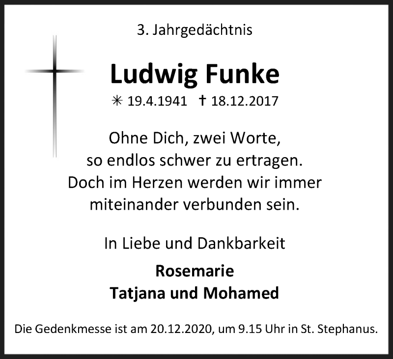  Traueranzeige für Ludwig Funke vom 18.12.2020 aus Kölner Stadt-Anzeiger / Kölnische Rundschau / Express