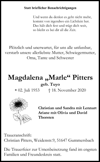 Anzeige von Magdalena  Pitters von Kölner Stadt-Anzeiger / Kölnische Rundschau / Express