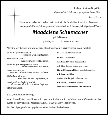 Anzeige von Magdalene Schumacher von Kölner Stadt-Anzeiger / Kölnische Rundschau / Express