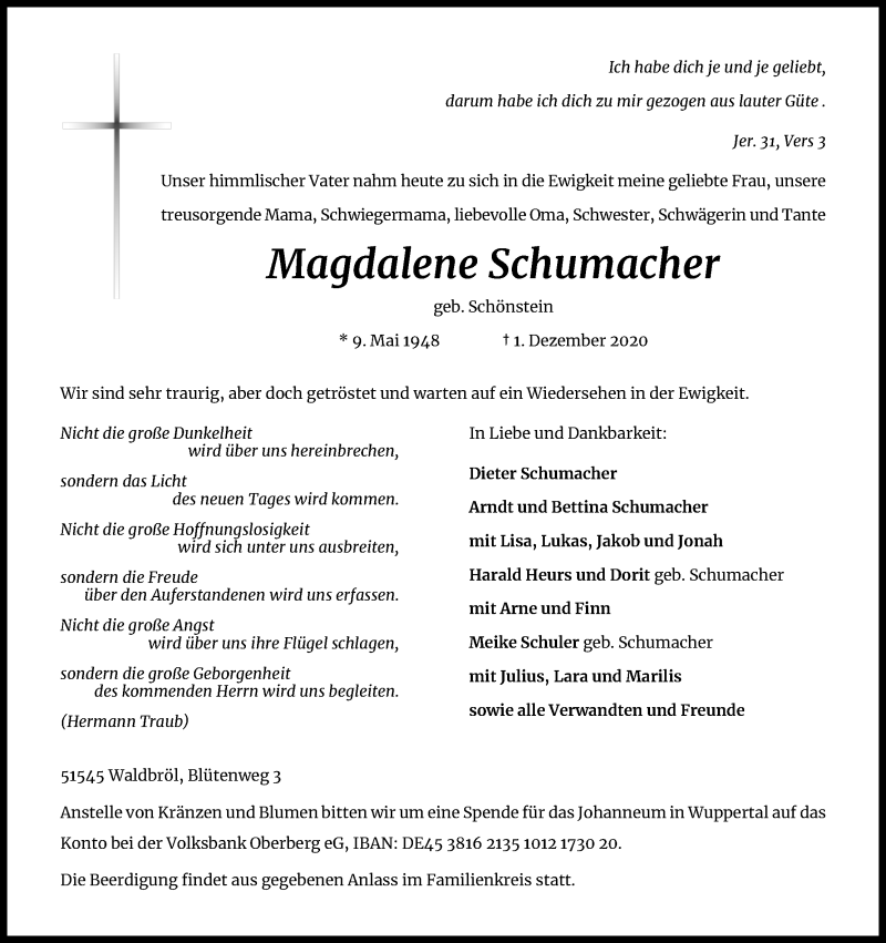  Traueranzeige für Magdalene Schumacher vom 05.12.2020 aus Kölner Stadt-Anzeiger / Kölnische Rundschau / Express