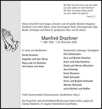 Anzeige von Manfred Drochner von Kölner Stadt-Anzeiger / Kölnische Rundschau / Express