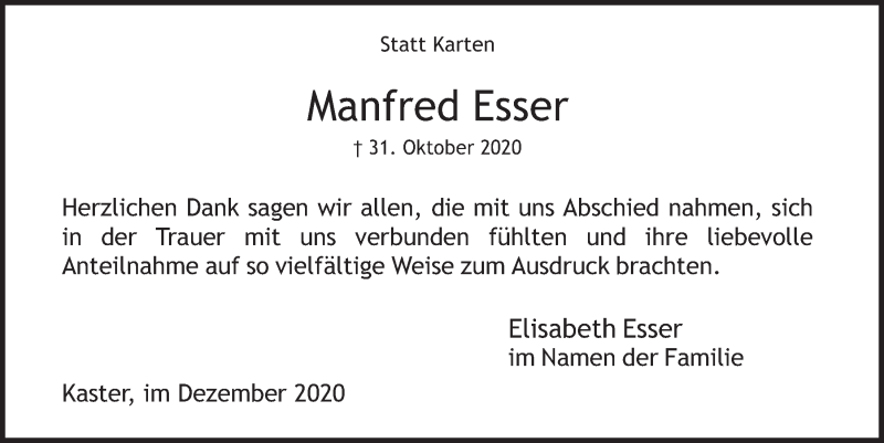  Traueranzeige für Manfred Esser vom 18.12.2020 aus  Werbepost 