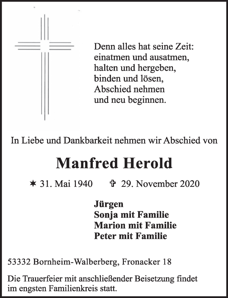  Traueranzeige für Manfred Herold vom 04.12.2020 aus  Schlossbote/Werbekurier 