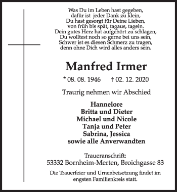 Anzeige von Manfred Irmer von  Schlossbote/Werbekurier 