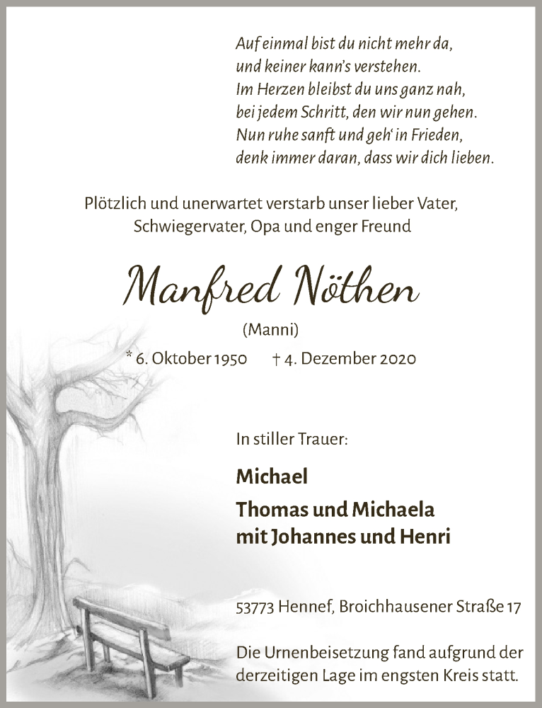  Traueranzeige für Manfred Nöthen vom 18.12.2020 aus  Extra Blatt 