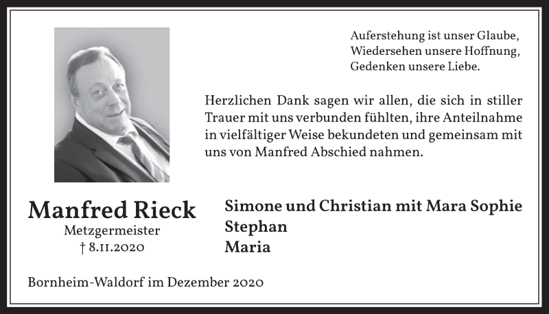  Traueranzeige für Manfred Rieck vom 11.12.2020 aus  Schaufenster/Blickpunkt  Schlossbote/Werbekurier 