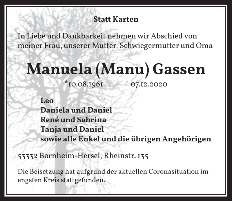  Traueranzeige für Manuela Gassen vom 18.12.2020 aus  Schaufenster/Blickpunkt 