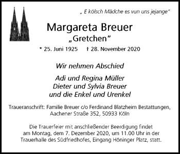 Anzeige von Margarete Breuer von Kölner Stadt-Anzeiger / Kölnische Rundschau / Express