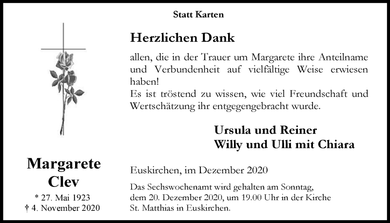 Traueranzeige für Margarete Clev vom 12.12.2020 aus  Blickpunkt Euskirchen 