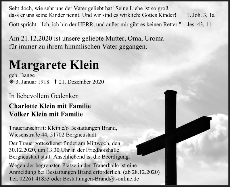  Traueranzeige für Margarete Klein vom 24.12.2020 aus Kölner Stadt-Anzeiger / Kölnische Rundschau / Express