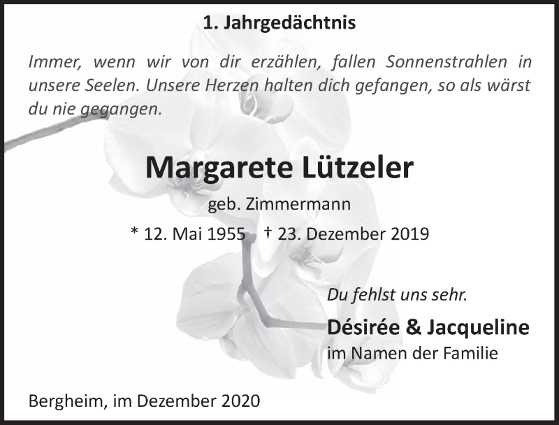  Traueranzeige für Margarete Lützeler vom 18.12.2020 aus  Werbepost 