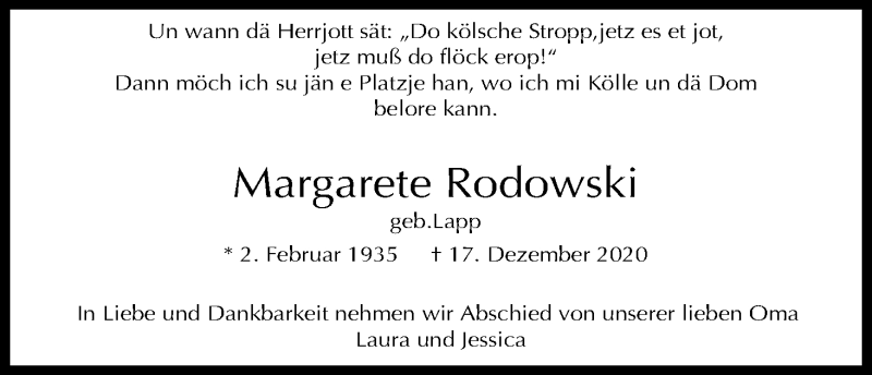  Traueranzeige für Margarete Rodowski vom 23.12.2020 aus Kölner Stadt-Anzeiger / Kölnische Rundschau / Express