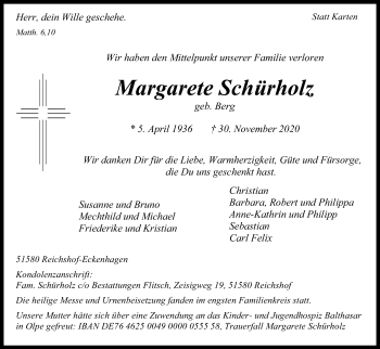 Anzeige von Margarete Schürholz von Kölner Stadt-Anzeiger / Kölnische Rundschau / Express