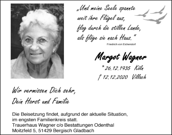 Anzeige von Margot Wagner von  Bergisches Handelsblatt 