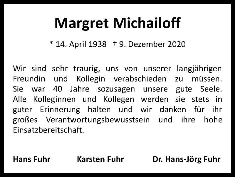  Traueranzeige für Margret Michailoff vom 16.12.2020 aus Kölner Stadt-Anzeiger / Kölnische Rundschau / Express