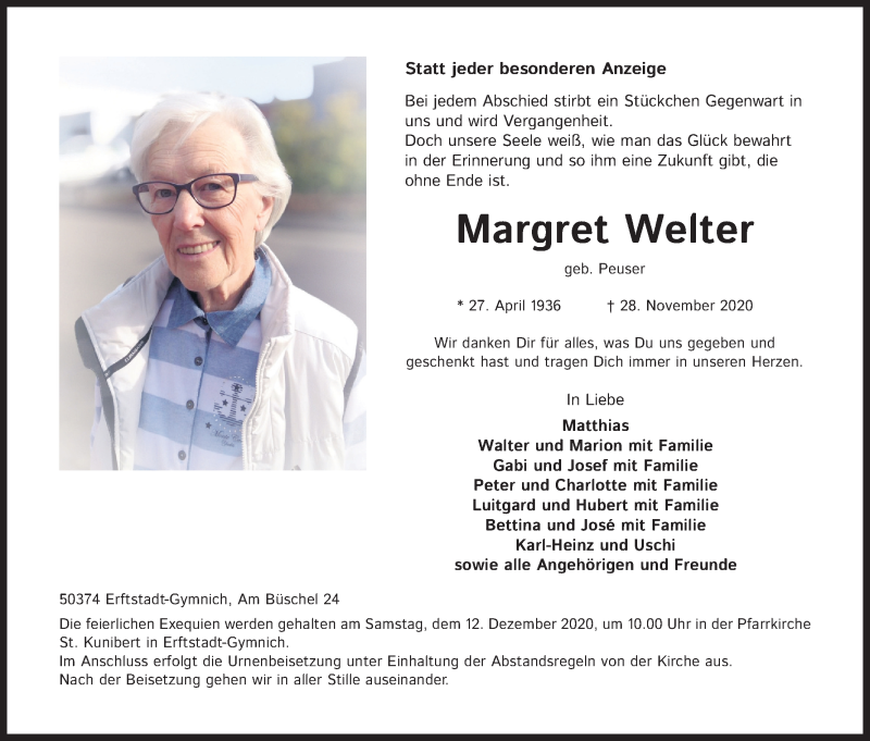  Traueranzeige für Margret Welter vom 08.12.2020 aus Kölner Stadt-Anzeiger / Kölnische Rundschau / Express