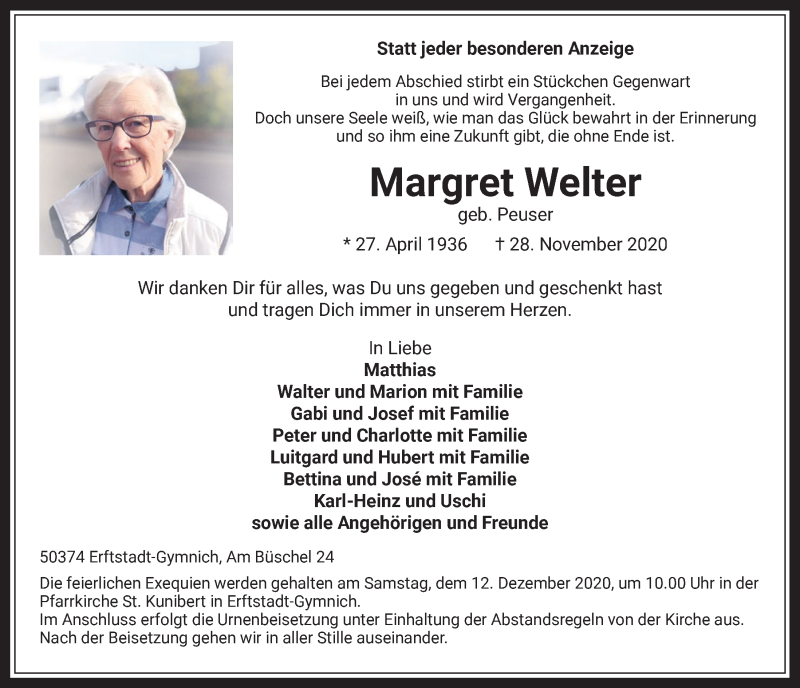  Traueranzeige für Margret Welter vom 04.12.2020 aus  Werbepost 