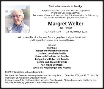 Anzeige von Margret Welter von  Werbepost 